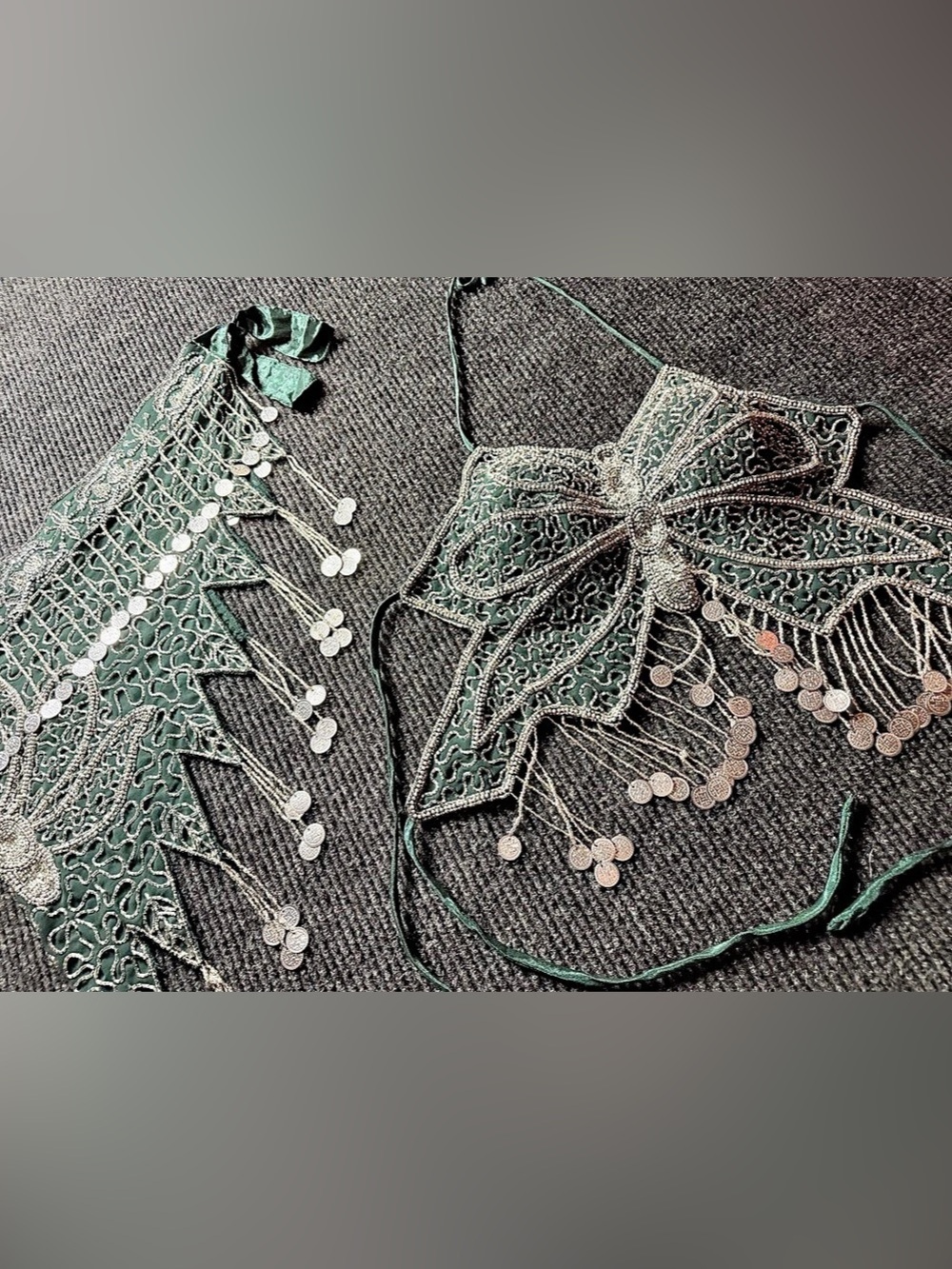 Vintage Y2K Kirat Green Silver Beaded Belly Dance Halter Top Hip Belt Set